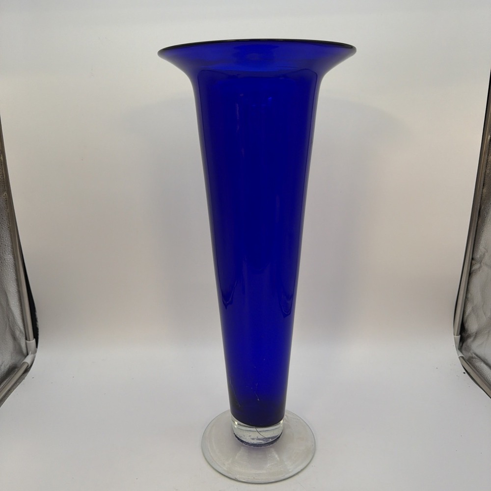 vintage cobalt blue art glass trumpet vase with a clear glass footed base 20"